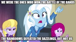 Size: 896x500 | Tagged: safe, derpibooru import, edit, edited screencap, screencap, fuchsia blush, lavender lace, trixie, equestria girls, rainbow rocks, female, image macro, meme, trixie and the illusions, trixie yells at everything