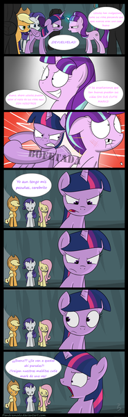 Size: 1700x5500 | Tagged: safe, artist:pandramodo, derpibooru import, edit, applejack, fluttershy, rarity, starlight glimmer, twilight sparkle, twilight sparkle (alicorn), alicorn, pony, season 5, absurd resolution, comic, fight, spanish, translator:the-luna-fan