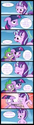 Size: 1700x6150 | Tagged: safe, artist:pandramodo, derpibooru import, edit, spike, starlight glimmer, twilight sparkle, twilight sparkle (alicorn), alicorn, dragon, pony, season 5, absurd resolution, comic, fight, spanish, translator:the-luna-fan