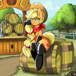 Size: 4000x4000 | Tagged: safe, artist:ciderpunk, derpibooru import, applejack, earth pony, pony, semi-anthro, apple tree, bandana, barrel, bedroom eyes, clothes, colored pupils, fireproof boots, latex, looking at you, scarf, sitting, smiling, socks, solo, sweet apple acres, tree