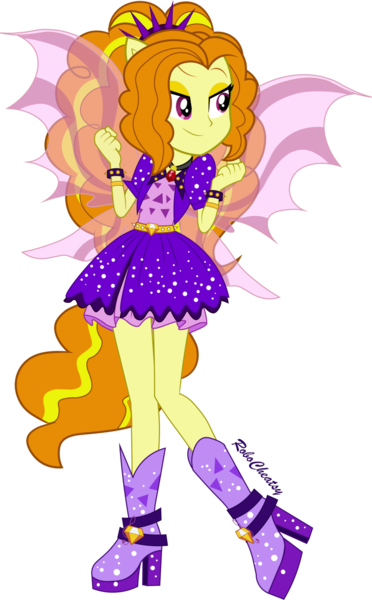 Size: 1024x1652 | Tagged: safe, artist:robocheatsy, derpibooru import, adagio dazzle, equestria girls, rainbow rocks, boots, clothes, dress, female, fin wings, fist, high heel boots, pendant, ponied up, simple background, smiling, solo, sparkling, spikes, transparent background, vector