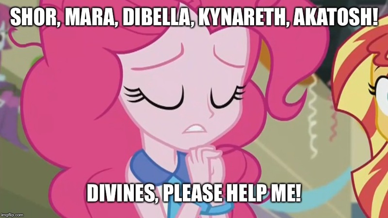 Size: 887x500 | Tagged: safe, derpibooru import, edit, edited screencap, screencap, pinkie pie, sunset shimmer, equestria girls, friendship games, image macro, meme, nine divines, pinkie pie praying, skyrim, solo focus, the elder scrolls