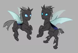 Size: 3000x2041 | Tagged: artist:askbubblelee, changeling, changeling oc, derpibooru import, duo, fangs, female, gray background, looking at you, oc, oc:imago, oc:vespa, safe, simple background, unofficial characters only