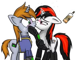 Size: 1302x1020 | Tagged: safe, artist:wellfugzee, derpibooru import, oc, oc:blackjack, oc:littlepip, unofficial characters only, cyborg, pony, unicorn, fallout equestria, fallout equestria: project horizons, fanfic, alcohol, blushing, bottle, clothes, drunk, drunk bubbles, fanfic art, female, floppy ears, glowing horn, hooves, horn, kissing, lesbian, levitation, magic, mare, pipbuck, raised hoof, shipping, simple background, skunk stripe, surprise kiss, telekinesis, transparent background, vault suit, whiskey, wide eyes, wild pegasus