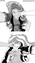 Size: 3150x5600 | Tagged: suggestive, artist:minusclass, derpibooru import, starlight glimmer, sunset shimmer, equestria girls, absurd resolution, angry, beanie, breasts, clenched teeth, clothes, comic, cross counter, female, fight, fist, grayscale, gritted teeth, hat, looking at each other, monochrome, motion lines, out of character, punch, simple background, solo, torn clothes, white background