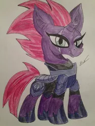 Size: 1024x1365 | Tagged: safe, artist:luxiwind, deleted from derpibooru, derpibooru import, fizzlepop berrytwist, tempest shadow, pony, unicorn, my little pony: the movie, broken horn, solo, traditional art