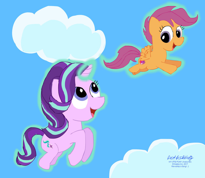 Size: 3933x3405 | Tagged: safe, artist:newportmuse, derpibooru import, scootaloo, starlight glimmer, pegasus, pony, unicorn, cloud, cute, cutealoo, duo, female, filly, flapping, flying, glimmerbetes, levitation, looking at each other, looking back, magic, mare, open mouth, scootaloo can fly, scootalove, self-levitation, signature, sky, smiling, spread wings, telekinesis