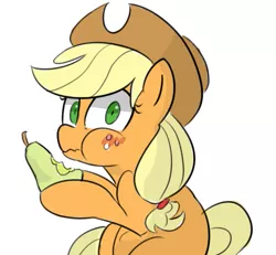 Size: 705x651 | Tagged: safe, artist:lance, derpibooru import, applejack, earth pony, pony, blasphemy, blushing, caught, dishonorapple, eating, female, food, freckles, fruit heresy, hat, hilarious in hindsight, hoof hold, looking at you, mare, pear, pearesy, simple background, sitting, solo, white background
