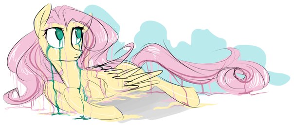 Size: 604x257 | Tagged: safe, artist:pochatochek, derpibooru import, fluttershy, pony, color loss, crying, looking away, looking up, prone, smudge, solo, stain, teary eyes