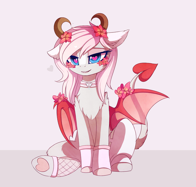 Size: 2849x2715 | Tagged: safe, artist:magnaluna, derpibooru import, oc, oc:minxy bearheart, unofficial characters only, demon, pony, succubus, bedroom eyes, chest fluff, collar, commission, female, fishnets, floppy ears, flower, flower in hair, heart, heart eyes, horn, mare, monster mare, sitting, solo, succupony, wingding eyes, wings