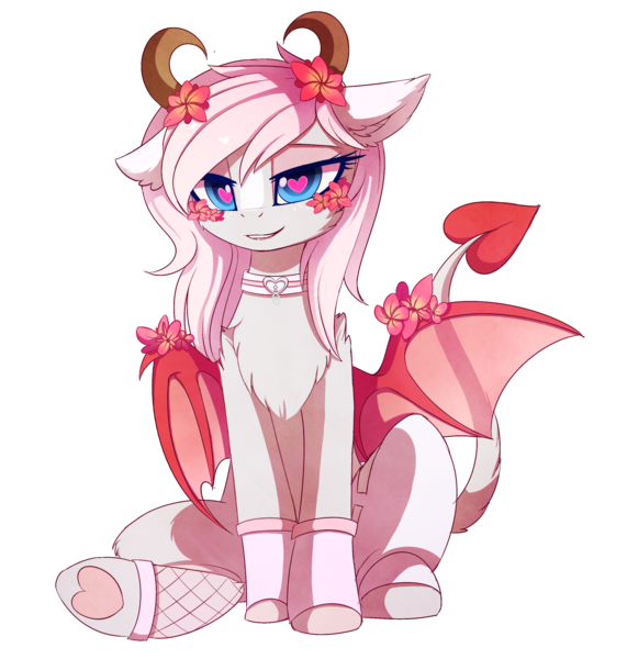 Size: 2377x2496 | Tagged: safe, artist:magnaluna, derpibooru import, oc, oc:minxy bearheart, unofficial characters only, demon, pony, succubus, chest fluff, collar, commission, female, flower, flower in hair, heart, heart eyes, horn, mare, monster mare, simple background, sitting, solo, succupony, transparent background, wingding eyes, wings