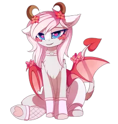 Size: 2377x2496 | Tagged: safe, artist:magnaluna, derpibooru import, oc, oc:minxy bearheart, unofficial characters only, demon, pony, succubus, chest fluff, collar, commission, female, flower, flower in hair, heart, heart eyes, horn, mare, monster mare, simple background, sitting, solo, succupony, transparent background, wingding eyes, wings