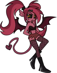 Size: 968x1231 | Tagged: suggestive, artist:wubcakeva, derpibooru import, oc, oc:scarlett, unofficial characters only, succubus, equestria girls, belly button, boots, breasts, cleavage, clothes, cute, female, fishnets, high heel boots, high heels, midriff, miniskirt, simple background, skirt, solo, solo female, stockings, thigh highs, thinking, transparent background