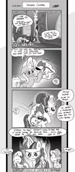 Size: 1451x3300 | Tagged: suggestive, artist:loreto-arts, derpibooru import, spike, starlight glimmer, trixie, twilight sparkle, twilight sparkle (alicorn), alicorn, dragon, pony, comic:friendship is innuendo, book, comic, dialogue, female, fire magic, grayscale, implied sex, love triangle, magic, male, monochrome, shipping, sparlight, spixie, straight, swirly eyes, the amazing trio of friendship, twilight is not amused, unamused
