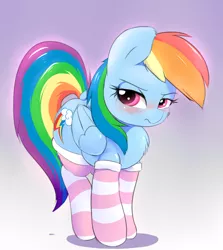 Size: 2500x2800 | Tagged: safe, artist:heavymetalbronyyeah, derpibooru import, rainbow dash, pegasus, pony, backwards cutie mark, blushing, cheek fluff, chest fluff, clothes, cute, dashabetes, dock, embarrassed, female, fluffy, frown, glare, gradient background, high res, hnnng, lidded eyes, looking at you, mare, multicolored hair, rainbow dash always dresses in style, raised tail, socks, solo, striped socks, tail, thigh highs, unamused, weapons-grade cute