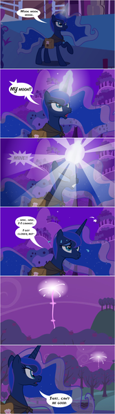 Size: 1000x3600 | Tagged: artist:flash equestria photography, cloak, clothes, comic, derpibooru import, glowing horn, hunted luna, magic, night, princess luna, saddle bag, safe, solo, sweat