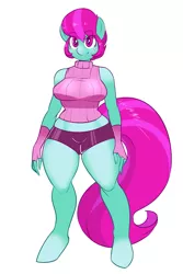 Size: 1233x1850 | Tagged: anthro, artist needed, bike shorts, clothes, derpibooru import, freckles, gloves, midriff, oc, oc:newwave, safe, simple background, solo, sweater, turtleneck, unguligrade anthro, unofficial characters only, white background