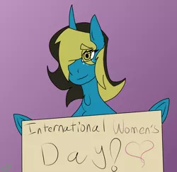 Size: 912x884 | Tagged: safe, artist:moonakart13, artist:moonaknight13, derpibooru import, oc, unofficial characters only, alicorn, pony, alicorn oc, freckles, gradient background, heart, holding sign, international women's day, smiling, solo, text, women's day