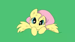 Size: 2981x1678 | Tagged: safe, artist:gingerthefox, derpibooru import, fluttershy, blanket, bust, cute, green background, head tilt, looking at you, portrait, shyabetes, simple background, smiling, solo, spread wings