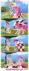 Size: 700x1680 | Tagged: safe, artist:unisoleil, derpibooru import, apple bloom, pinkie pie, scootaloo, sweetie belle, oc, oc:madeline, oc:solo serenity, earth pony, pony, basket, comic, cupcake, cutie mark crusaders, female, food, glasses, kite, kite flying, laughing, mare, mouth hold, picnic, picnic blanket, silly, silly pony