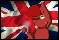 Size: 1023x697 | Tagged: safe, derpibooru import, oc, oc:blaze emberbreath, unofficial characters only, pony, cup, great britain, male, monocle, solo, stallion, union jack