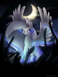 Size: 3200x4200 | Tagged: safe, artist:yeadatchantilly, derpibooru import, oc, unofficial characters only, pegasus, pony, absurd resolution, crescent moon, dark magic, female, magic, mare, moon, solo, sombra eyes, spread wings, stars