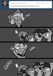 Size: 666x950 | Tagged: safe, artist:egophiliac, derpibooru import, princess luna, changeling queen oc, oc, oc:danger mcsteele, oc:frolicsome meadowlark, oc:imogen, oc:pebbl, oc:sunshine smiles (egophiliac), bat pony, changeling, changeling queen, pony, sea pony, moonstuck, ask, cartographer's cap, cute, eyepatch, female, filly, grayscale, hat, lunabetes, monochrome, moon roc, motivational speech, tumblr, woona, woonoggles, younger