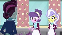 Size: 1280x720 | Tagged: safe, derpibooru import, screencap, principal abacus cinch, suri polomare, upper crust, acadeca, equestria girls, friendship games, :s, apron, baking, baking cake, cake, clothes, ear piercing, earring, food, jewelry, necklace, oops, pearl necklace, piercing, scarf, skunk stripe, wavy mouth