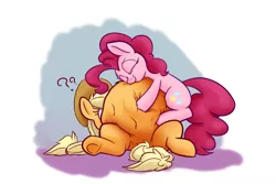 Size: 1500x1000 | Tagged: suggestive, artist:bellspurgebells, derpibooru import, applejack, pinkie pie, earth pony, pony, belly, belly bed, belly hug, confused, eyes closed, fetish, hug, impossibly large belly, on back, post-vore, predajack, question mark, smiling, underhoof, vore