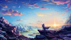 Size: 3000x1688 | Tagged: safe, artist:inowiseei, derpibooru import, trixie, pony, unicorn, 16:9, beautiful, cape, clothes, cloud, crescent moon, epic, face not visible, facing away, female, hat, mare, moon, mountain, river, scenery, scenery porn, shooting star, sky, solo, stars, sun, sunrise, tree, trixie's cape, trixie's hat, twilight (astronomy), valley, wallpaper