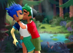 Size: 1600x1163 | Tagged: safe, artist:supermaxx92, derpibooru import, flash sentry, timber spruce, equestria girls, legend of everfree, blushing, couple, forest, gay, kissing, leg love, love, male, shipping, timberflash, watermark