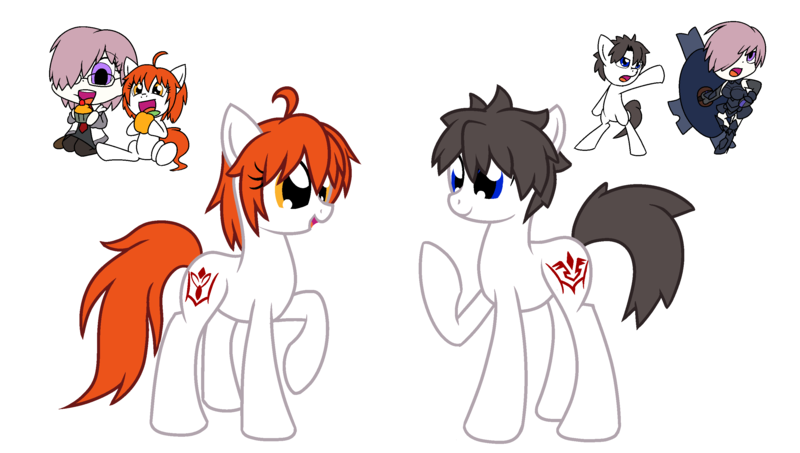 Size: 3000x1700 | Tagged: safe, artist:geraritydevillefort, derpibooru import, ponified, earth pony, human, pony, anime, cupcake, fate/grand order, female, food, gudako, gudao, male, mare, mash kyrielight, orange, ritsuka fujimaru, simple background, stallion, white background