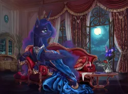Size: 5411x3989 | Tagged: safe, artist:devinian, derpibooru import, princess celestia, princess luna, tiberius, alicorn, pony, absurd resolution, alcohol, apple, balcony, beautiful, book, cewestia, clothes, cloud, couch, cute, drapes, dress, ear piercing, female, filly, flower, food, fruit, glass, grapes, horn ring, hug, jewelry, lidded eyes, looking back, luxury, majestic, mare, moon, night, picture, piercing, pink-mane celestia, prone, scenery, scenery porn, sitting, smiling, solo, table, technical advanced, teddy bear, vase, window, wine, wine glass, woona, younger