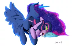 Size: 2400x1538 | Tagged: safe, artist:road75, artist:xaski21, derpibooru import, princess luna, rarity, spike, twilight sparkle, alicorn, dragon, pony, baby, baby dragon, blanket, collaboration, cuddling, cute, eyes closed, female, floppy ears, fluffy, glowing horn, lesbian, lunabetes, magic, male, mare, mother and son, neck nuzzle, nuzzling, open mouth, plushie, prone, shipping, side, simple background, sleeping, smiling, snoring, snuggling, spikabetes, spikelove, spread wings, twiabetes, twiluna, white background, wing fluff