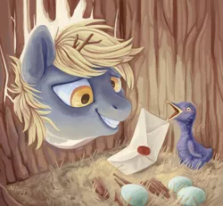 Size: 3398x3138 | Tagged: safe, artist:netoey, derpibooru import, derpy hooves, bird, pegasus, pony, crash, egg, grin, head through wall, letter, nest, smiling, solo