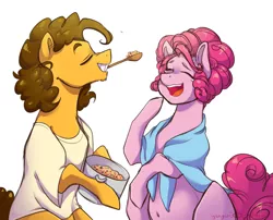 Size: 1200x970 | Tagged: safe, artist:yuyusunshine, derpibooru import, cheese sandwich, pinkie pie, alternate hairstyle, cheesepie, clothes, female, food, laughing, male, mouth hold, oatmeal, oats, preggy pie, pregnant, shipping, shirt, spoon, straight