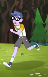 Size: 303x480 | Tagged: safe, derpibooru import, screencap, microchips, equestria girls, legend of everfree, camp everfree, clothes, converse, glasses, running, shoes, shorts, sneakers, socks, solo
