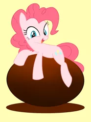 Size: 7397x9921 | Tagged: safe, artist:lemonspark, derpibooru import, pinkie pie, earth pony, pony, absurd resolution, chocolate egg, cute, diapinkes, female, looking back, mare, open mouth, prone, simple background, smiling, solo, yellow background