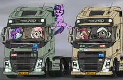 Size: 3253x2121 | Tagged: safe, artist:orang111, derpibooru import, twilight sparkle, twilight sparkle (alicorn), oc, oc:camion, oc:crawler gear, oc:fiji, oc:lynn, alicorn, leafeon, pony, bipedal, bobblehead, detailed, driving, epic split, jean-claude van damme, pokémon, semi truck, simple background, splits, truck, volvo, volvo fh