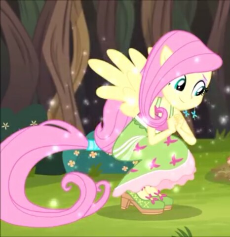 Size: 466x480 | Tagged: safe, derpibooru import, screencap, fluttershy, equestria girls, legend of everfree, camp everfree outfits, camp fashion show outfit, clothes, cute, high heels, kneeling, ponied up, pony ears, ponytail, shoes, skirt, smiling, solo, tail, wings