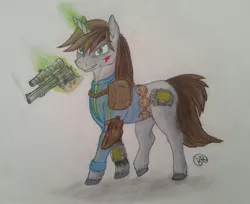 Size: 2474x2021 | Tagged: safe, artist:blastradiuss, derpibooru import, oc, oc:littlepip, unofficial characters only, pony, unicorn, fallout equestria, fanfic, blood, fallout, fanfic art, female, glowing horn, gun, handgun, little macintosh, magic, mare, pipbuck, revolver, simple background, solo, telekinesis, traditional art, vault suit, weapon
