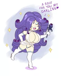 Size: 1200x1496 | Tagged: artist:annon, belly button, big breasts, bimbo, bimbo rarity, blue underwear, boots, breasts, busty rarity, chibi, chibimbo, clothes, derpibooru import, dialogue, ear piercing, earring, eyes closed, eyeshadow, female, flower, hair over one eye, high heel boots, hooped earrings, huge breasts, human, humanized, jewelry, lipstick, makeup, midriff, panties, piercing, rarity, rose, solo, solo female, suggestive, underwear