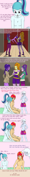 Size: 1000x5840 | Tagged: questionable, artist:deltalima, derpibooru import, adagio dazzle, aria blaze, sonata dusk, sunset shimmer, trixie, oc, oc:digital pixel, comic:suntrix/sonata threesome, equestria girls, absurd resolution, belly button, bottomless, boxers, breasts, casual nudity, clothes, comic, delicious flat chest, female, flatrixie, nipples, nudity, partial nudity, striptease, topless, underwear