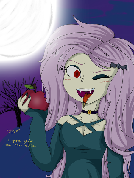 Size: 2729x3639 | Tagged: suggestive, artist:mlprocker123, derpibooru import, fluttershy, equestria girls, apple, breasts, busty fluttershy, cleavage, clothes, cute, dialogue, eating, female, flutterbat, food, full moon, moon, one eye closed, open mouth, solo, solo female, tongue out, wink
