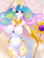 Size: 1050x1400 | Tagged: anthro, artist:tolsticot, big breasts, both cutie marks, breasts, busty princess celestia, clothes, cutie mark, derpibooru import, eyelashes, female, huge breasts, jewelry, praise the sun, princess celestia, purple eyes, regalia, royalty, socks, solo, solo female, staff, stupid sexy celestia, suggestive, thigh highs