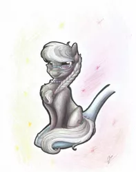 Size: 2403x3047 | Tagged: safe, artist:lupiarts, derpibooru import, silver spoon, earth pony, pony, abstract background, braid, chest fluff, ear fluff, female, filly, glasses, horse spooning meme, jewelry, meme, micro, necklace, pearl necklace, sitting, solo, spoon, tiny ponies, traditional art