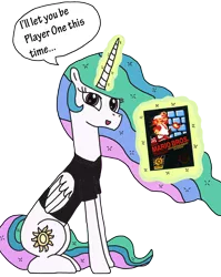 Size: 2178x2730 | Tagged: safe, artist:supahdonarudo, derpibooru import, princess celestia, alicorn, pony, clothes, dialogue, gamer celestia, levitation, looking at you, magic, nintendo, nintendo entertainment system, open mouth, retrolestia, shirt, simple background, sitting, speech bubble, super mario bros., t-shirt, talking to viewer, telekinesis, transparent background, video game