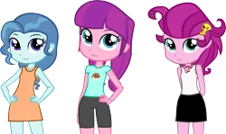 Size: 3994x2383 | Tagged: safe, artist:ironm17, derpibooru import, lily longsocks, petunia paleo, strawberry parchment, equestria girls, clothes, compression shorts, cute, dress, equestria girls-ified, group, pigtails, ponytail, scarf, shirt, shorts, simple background, skirt, summer dress, t-shirt, tanktop, transparent background, vector