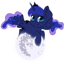 Size: 800x798 | Tagged: safe, artist:leelah-sama, derpibooru import, princess luna, alicorn, pony, mare in the moon, moon, prone, simple background, smiling, solo, spread wings, tangible heavenly object, transparent background