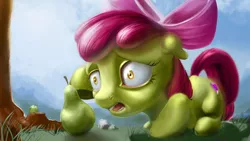 Size: 4372x2459 | Tagged: absurd resolution, apple bloom, artist:skribbler84, creepy, cutie mark, derpibooru import, dishonorapple, existential crisis, floppy ears, food, pear, prone, safe, snapple bloom, solo, the cmc's cutie marks, tree, uncanny valley, wide eyes